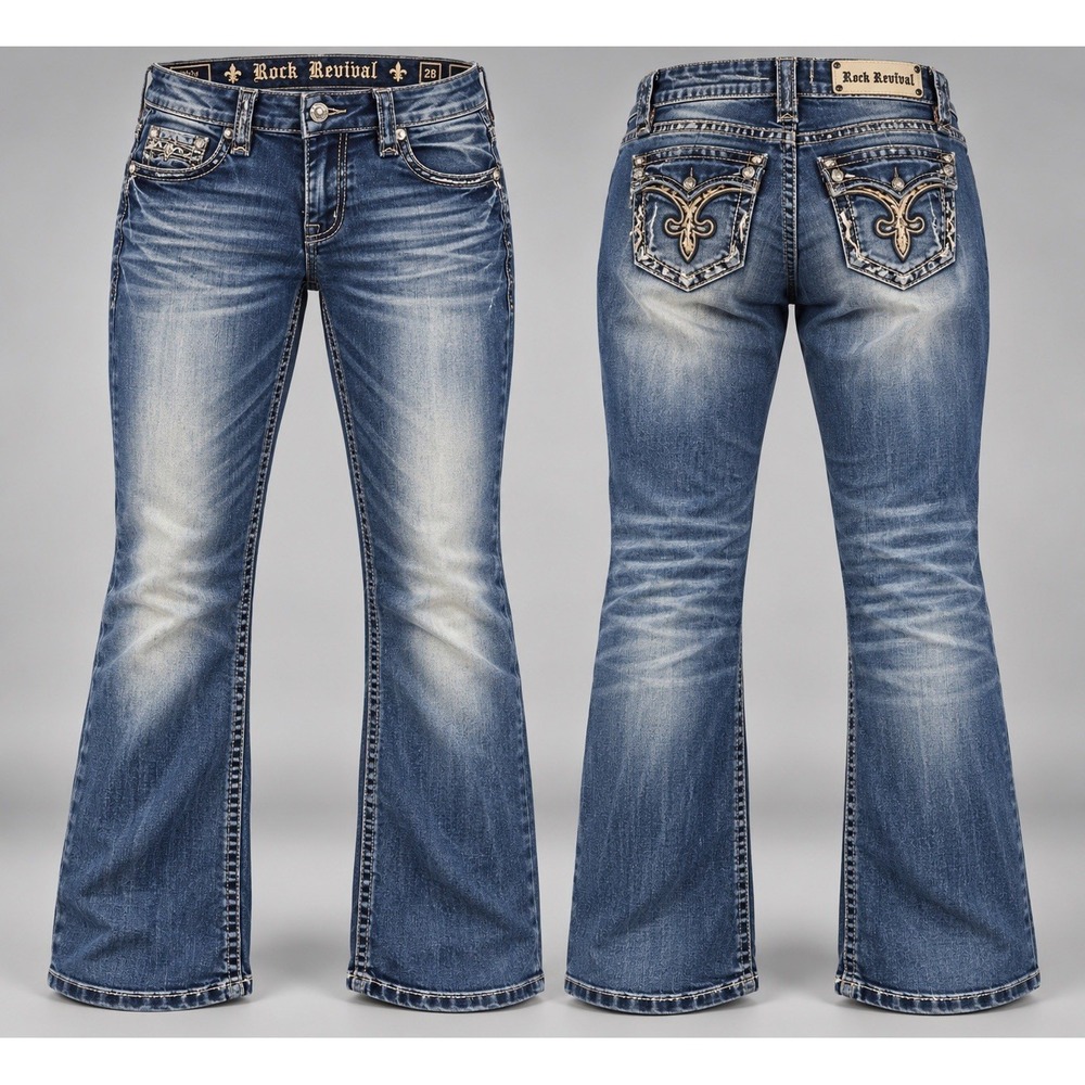 Rock Revival Jeans womens 28 low Rise Curvy Boot july distressed thick stitch